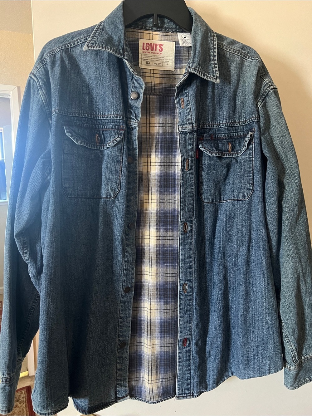Levi's Blue Denim Shirt Jacket with Blue and Cream Plaid Lining - Picture 1 of 6